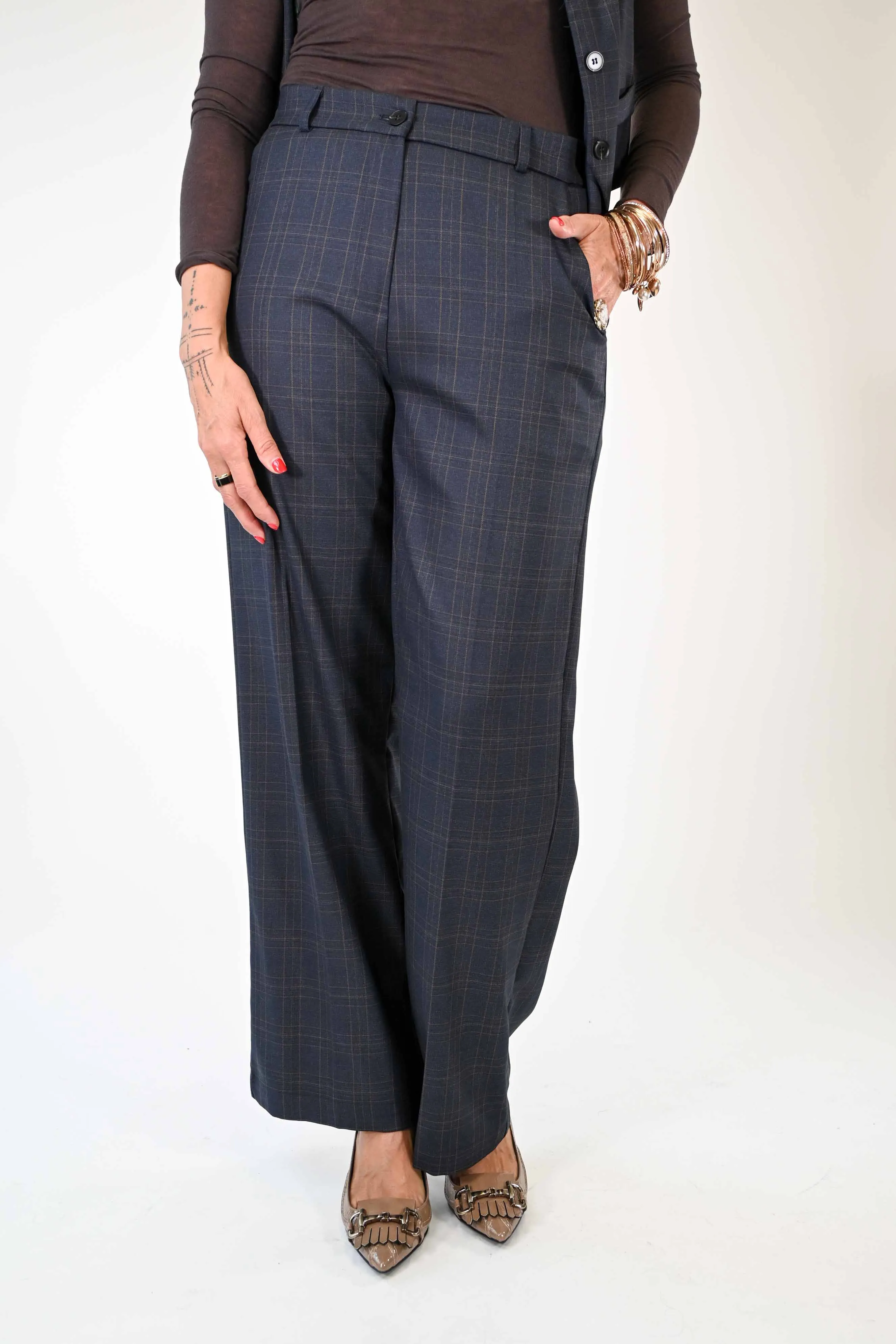 PANTALONE PALAZZO POLIVISCOSA FANTASIA CHECK BLU