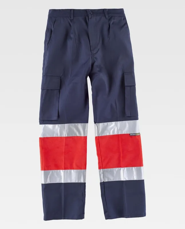 Pantaloni multi-tasca con due nastri ad alta visibilità EN ISO20471: 2013 Navy Red AV