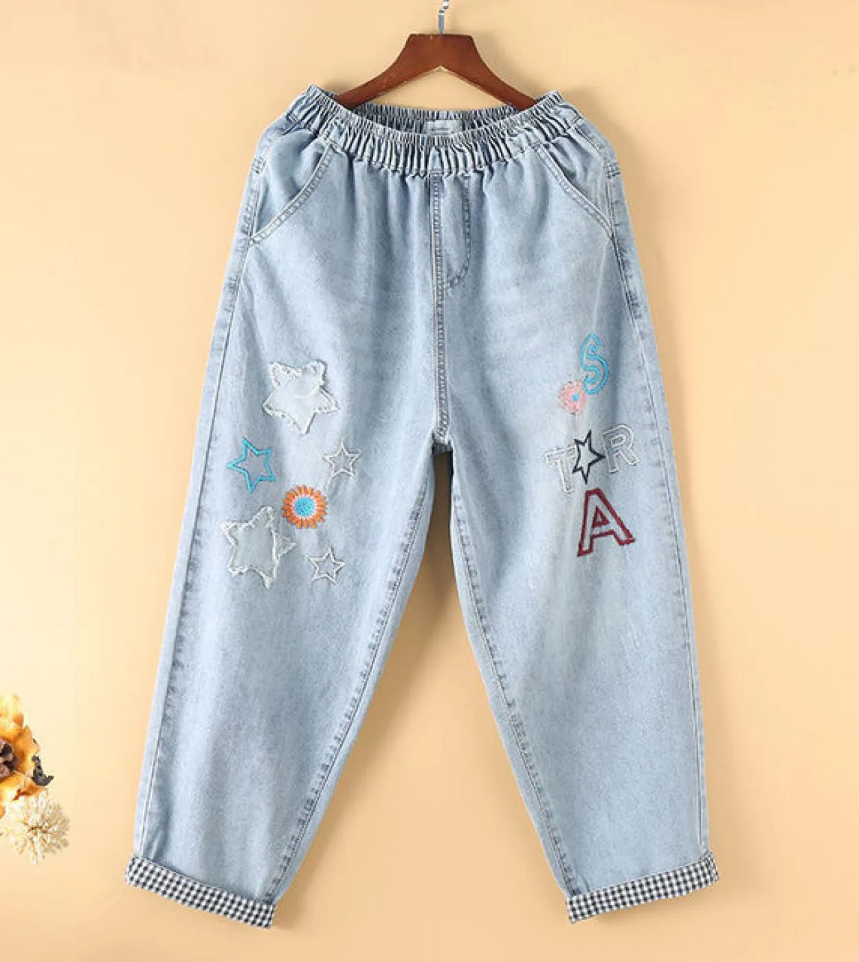 Pantaloni stile harem in denim di cotone elastico in vita da donna in stile artistico primavera autunno Jeans casual larghi con