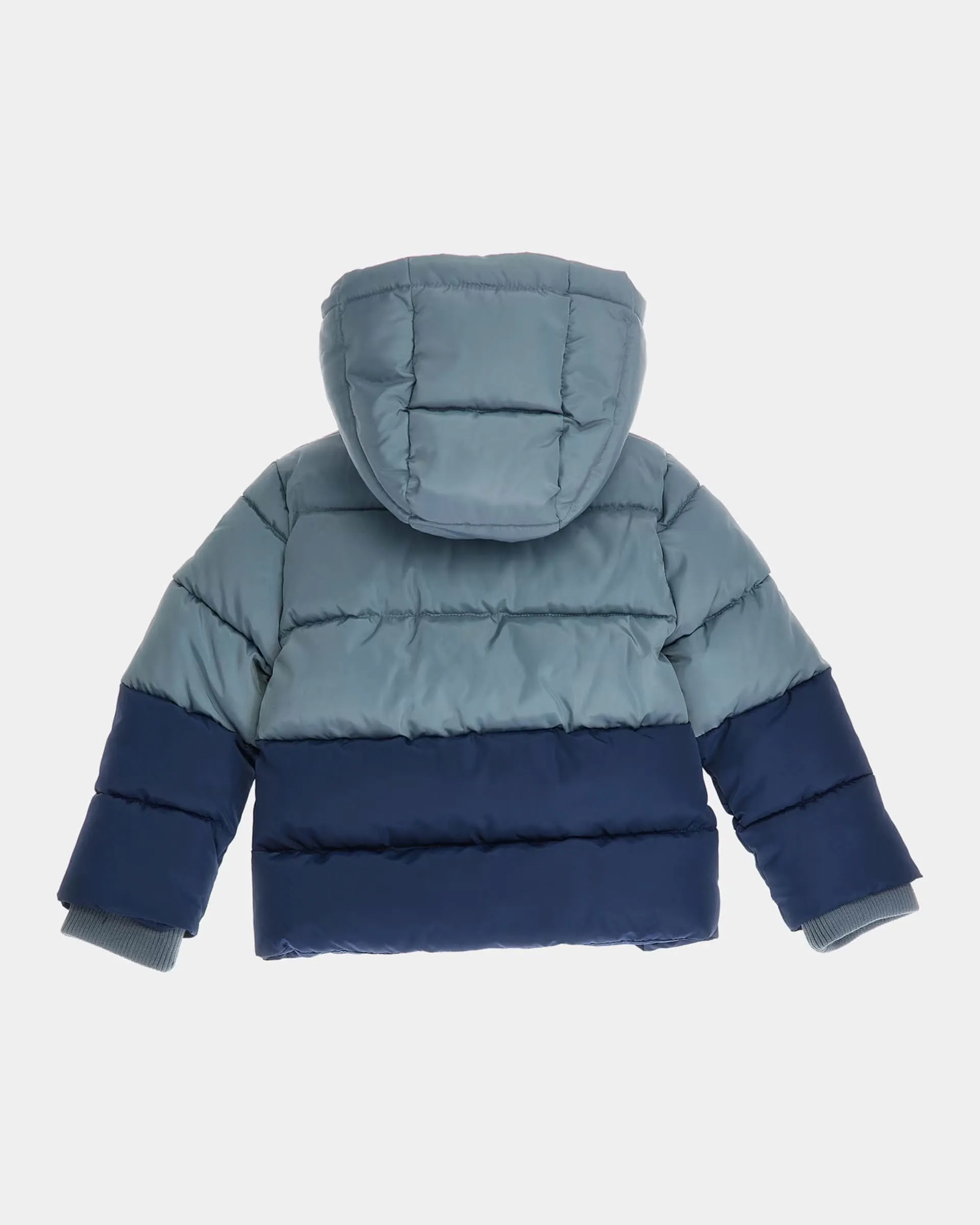 Piumino blu color block imbottito con cappuccio removibile e fascia bianca logata 12-24 mesi