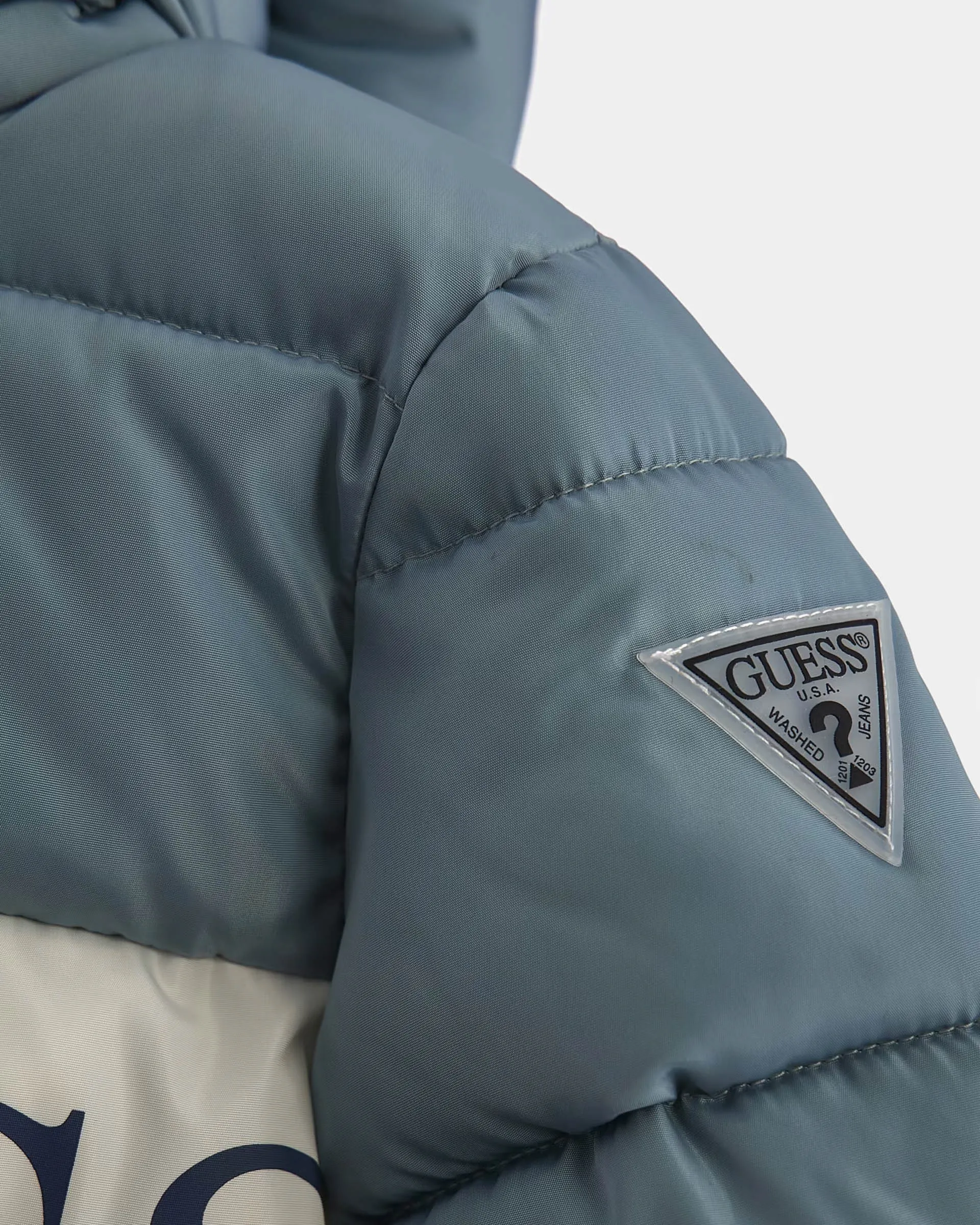 Piumino blu color block imbottito con cappuccio removibile e fascia bianca logata 12-24 mesi