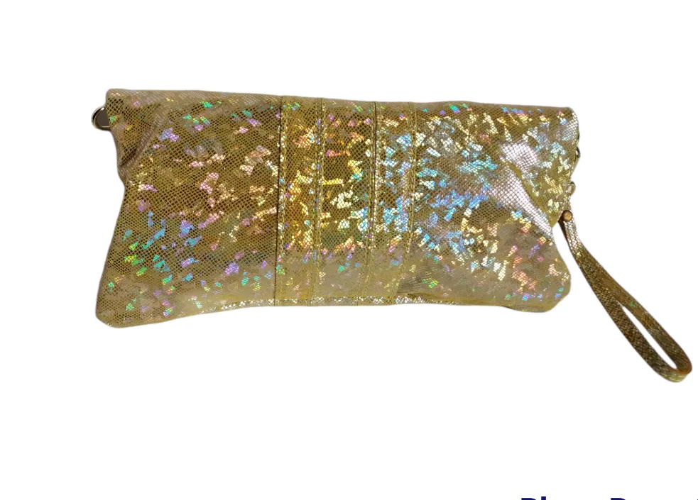 Pochette / Clutch / Borsa a Tracolla in Pelle Super Lucida e Bambù