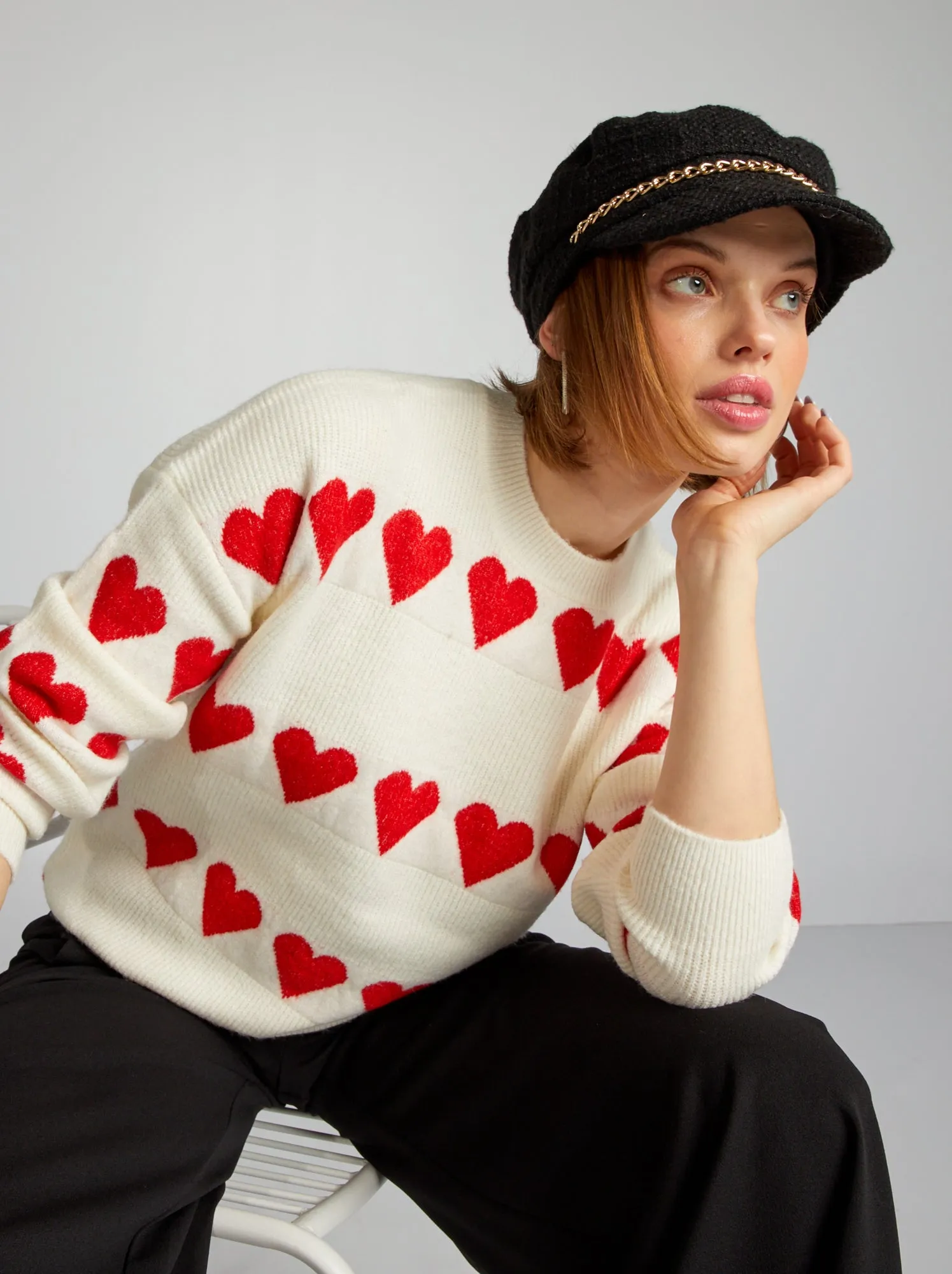 Pullover in maglia 'cuore' - BEIGE