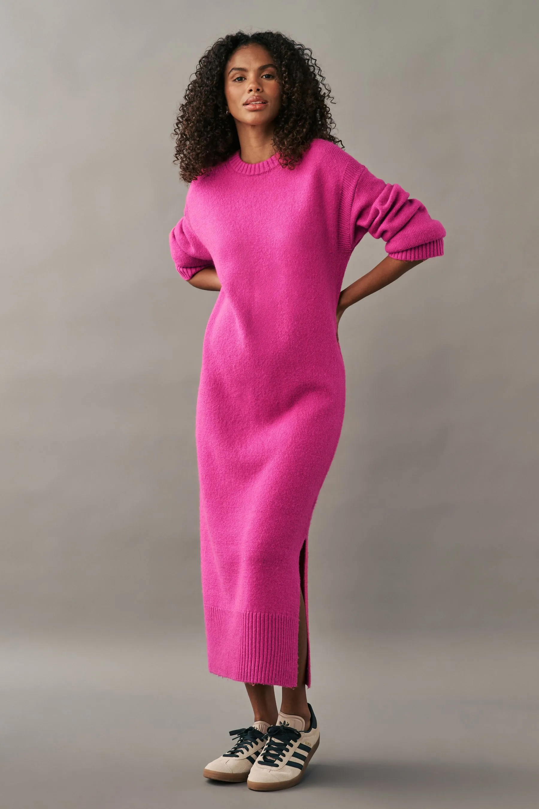 Relaxed Soft Touch Crew Neck Midi Knitted Jumper Dress    