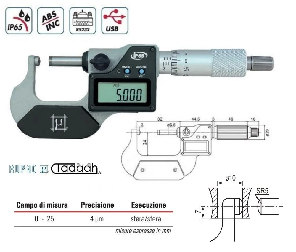 RUPAC 2397125 Micrometro digitale millesimale per superfici convesse, Serie Digitronic, esecuzione piano/sfera - Campo di misura