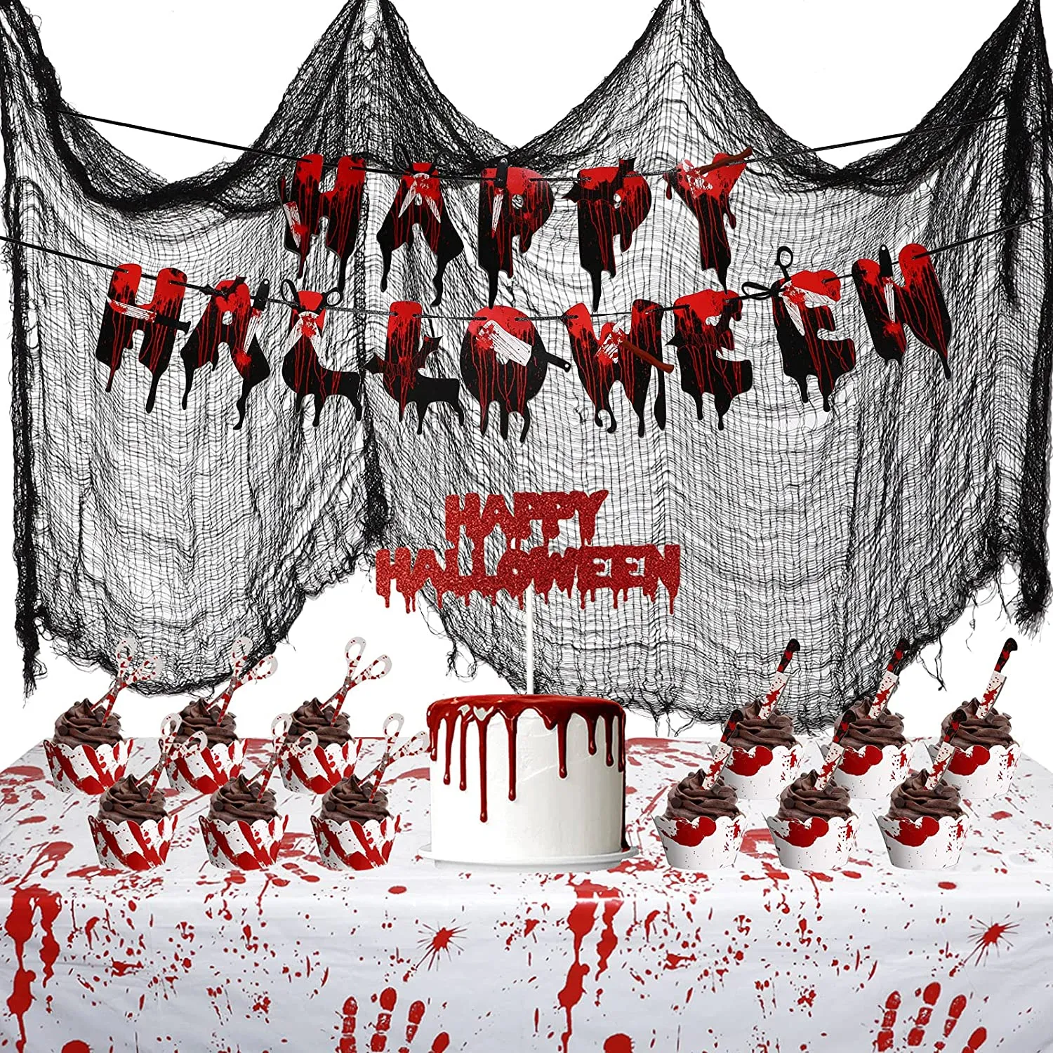 Set di Decorazioni per Feste di Halloween, 24 Involucri Spaventosi per Cupcake 1 Decorazione per Torta 1 Striscione Appeso Insan