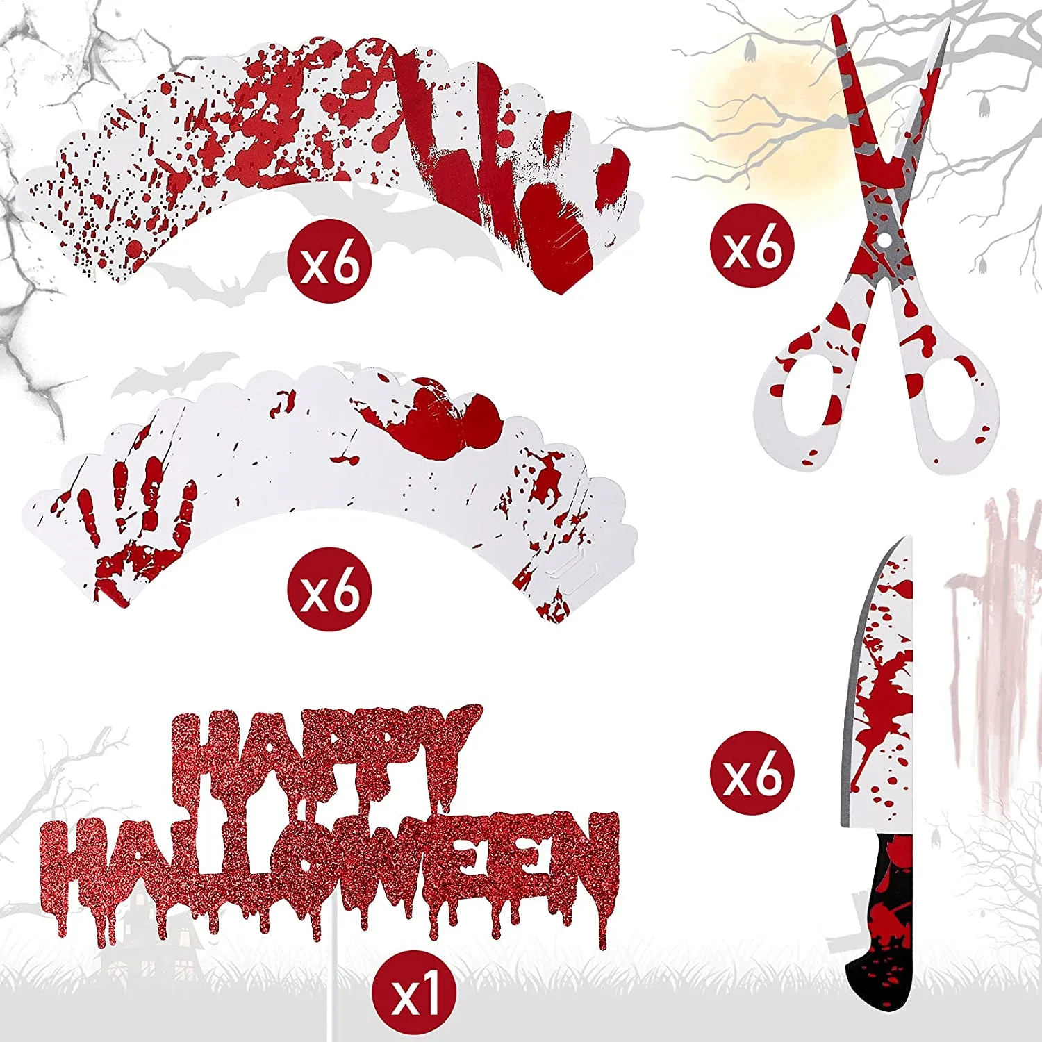 Set di Decorazioni per Feste di Halloween, 24 Involucri Spaventosi per Cupcake 1 Decorazione per Torta 1 Striscione Appeso Insan