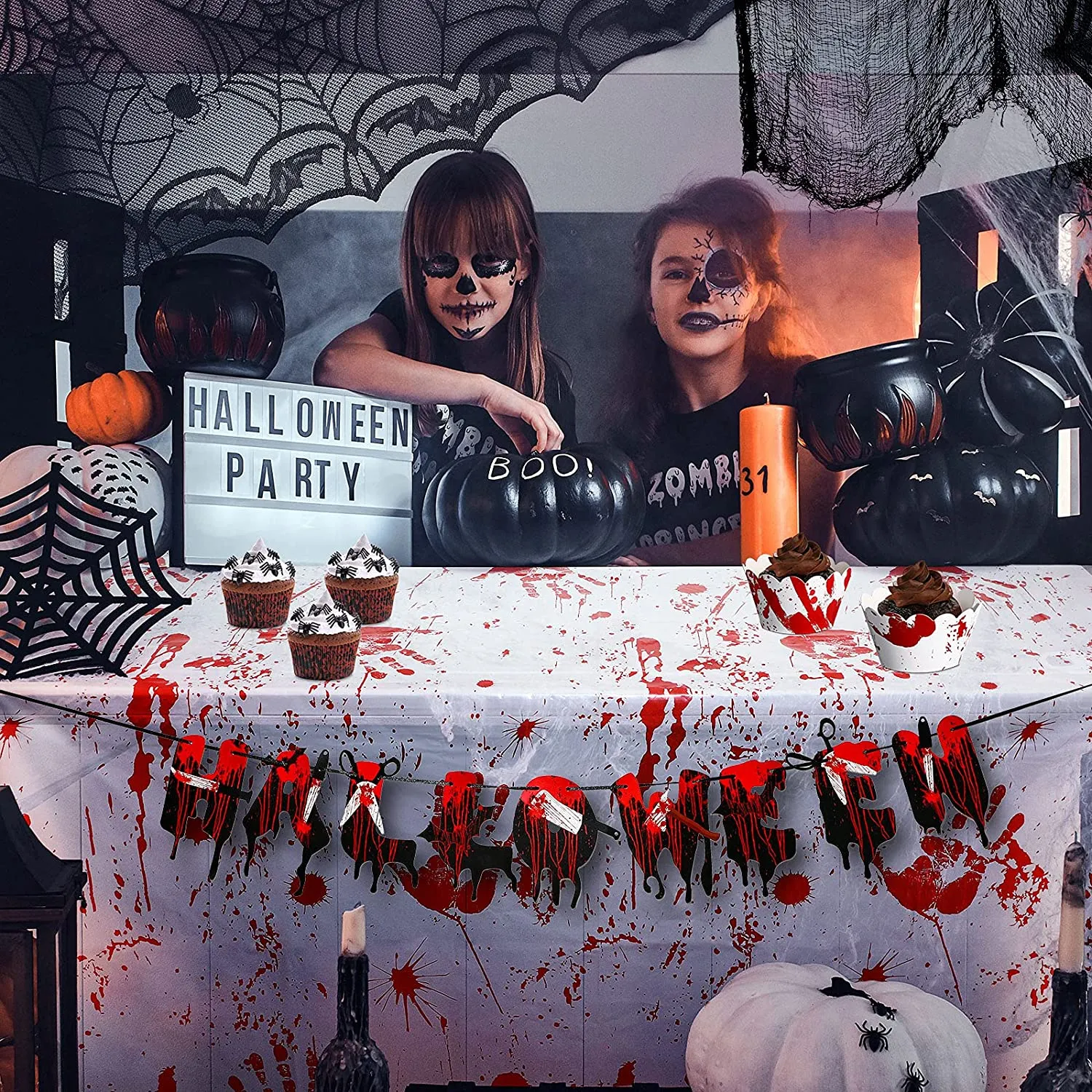 Set di Decorazioni per Feste di Halloween, 24 Involucri Spaventosi per Cupcake 1 Decorazione per Torta 1 Striscione Appeso Insan