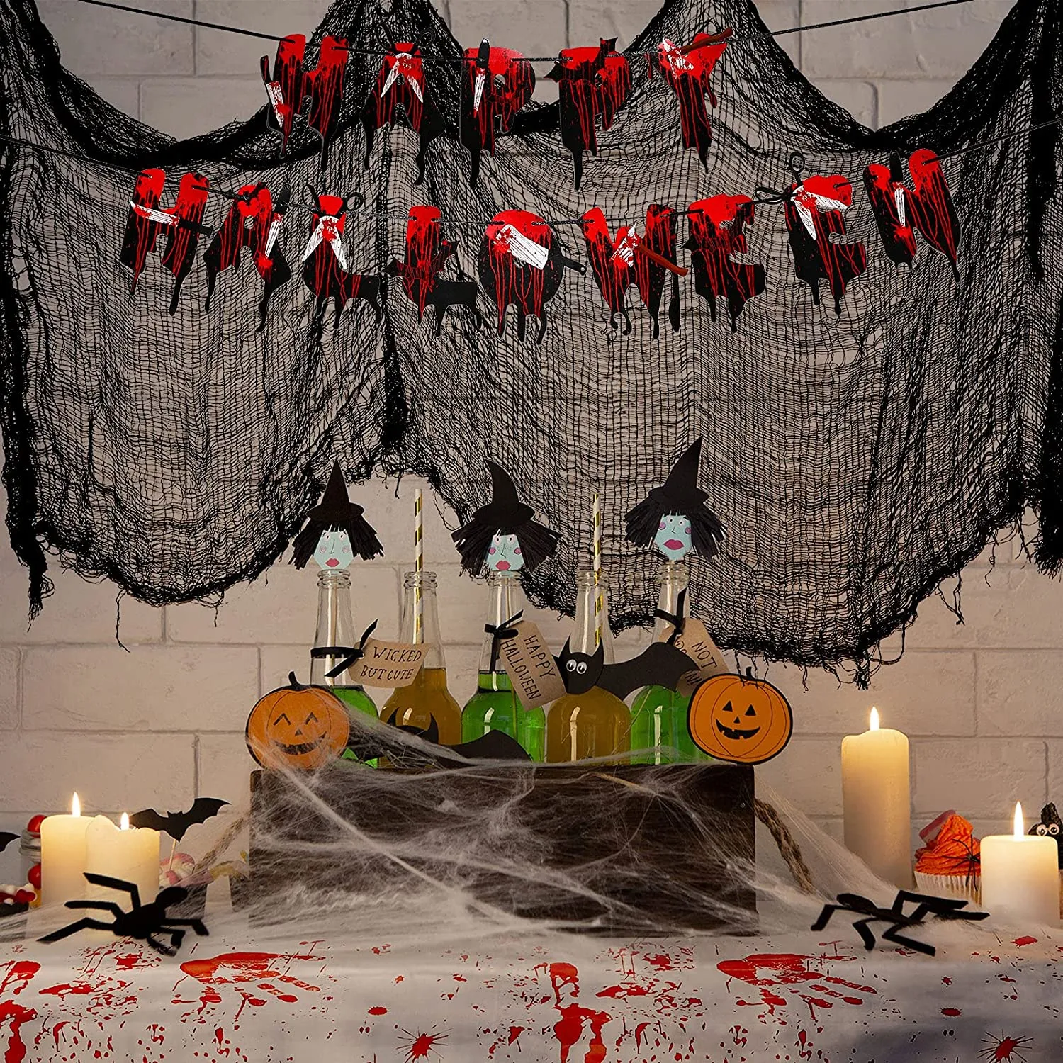 Set di Decorazioni per Feste di Halloween, 24 Involucri Spaventosi per Cupcake 1 Decorazione per Torta 1 Striscione Appeso Insan