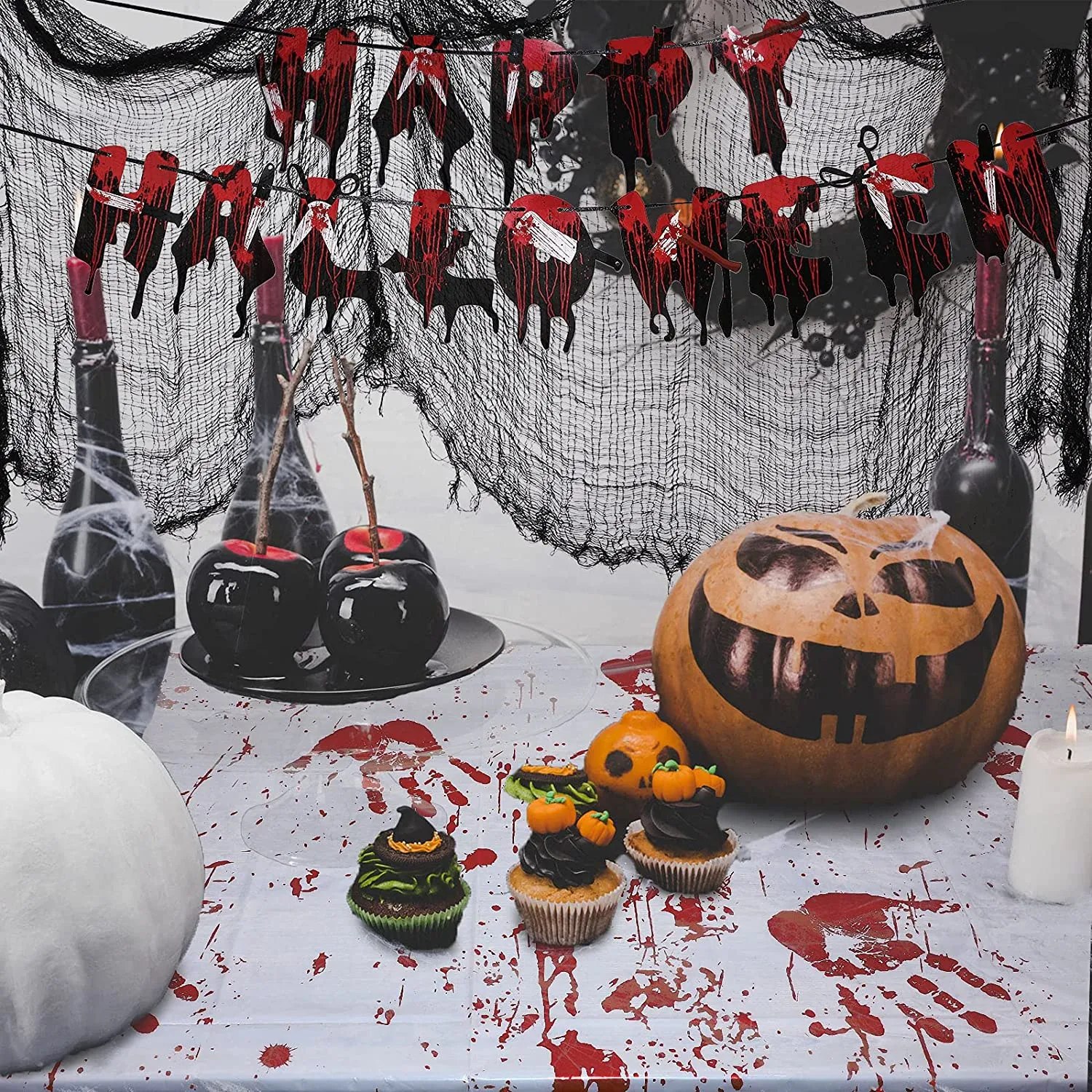 Set di Decorazioni per Feste di Halloween, 24 Involucri Spaventosi per Cupcake 1 Decorazione per Torta 1 Striscione Appeso Insan