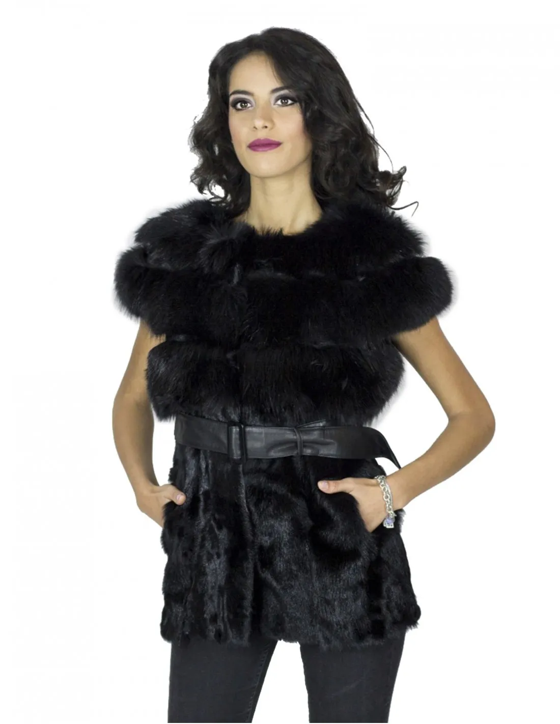 Smanicato volpe kid nero guru cintura pelle 44 меха Fuchspelz fox fur 狐狸毛 fourrure renard 