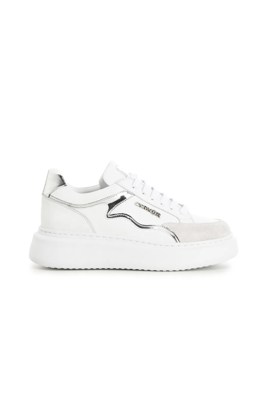 sneakers in pelle con dettaglio specchio su suola a cassetta bianco/argento