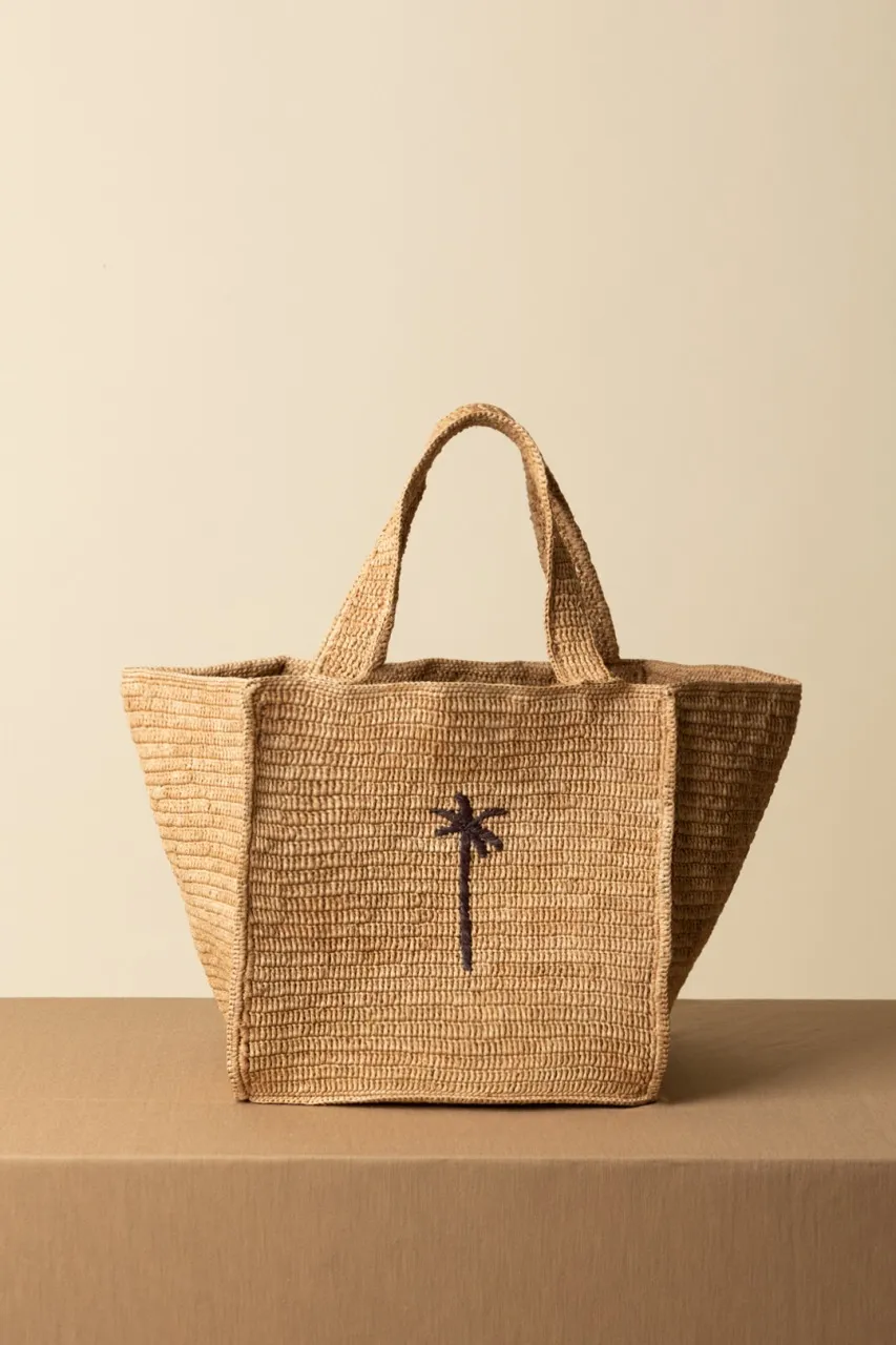 Squared tote bag TAN W BROWN PALM