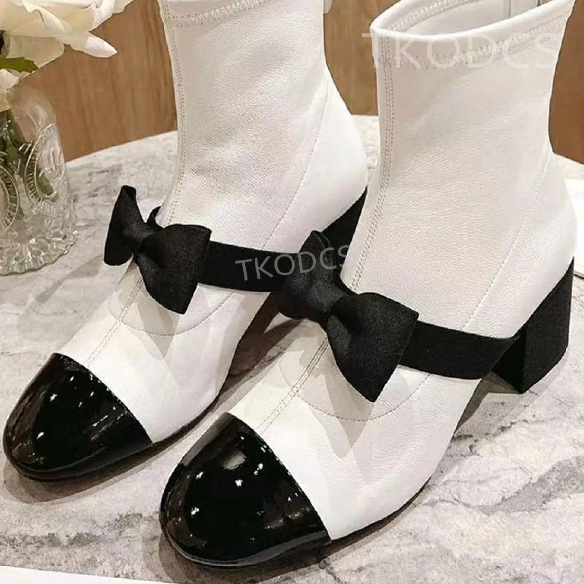 Stivali da donna di marca di lusso Stivaletti patchwork in vera pelle Stivaletti con nodo a farfalla e tacco grosso Stivaletti d