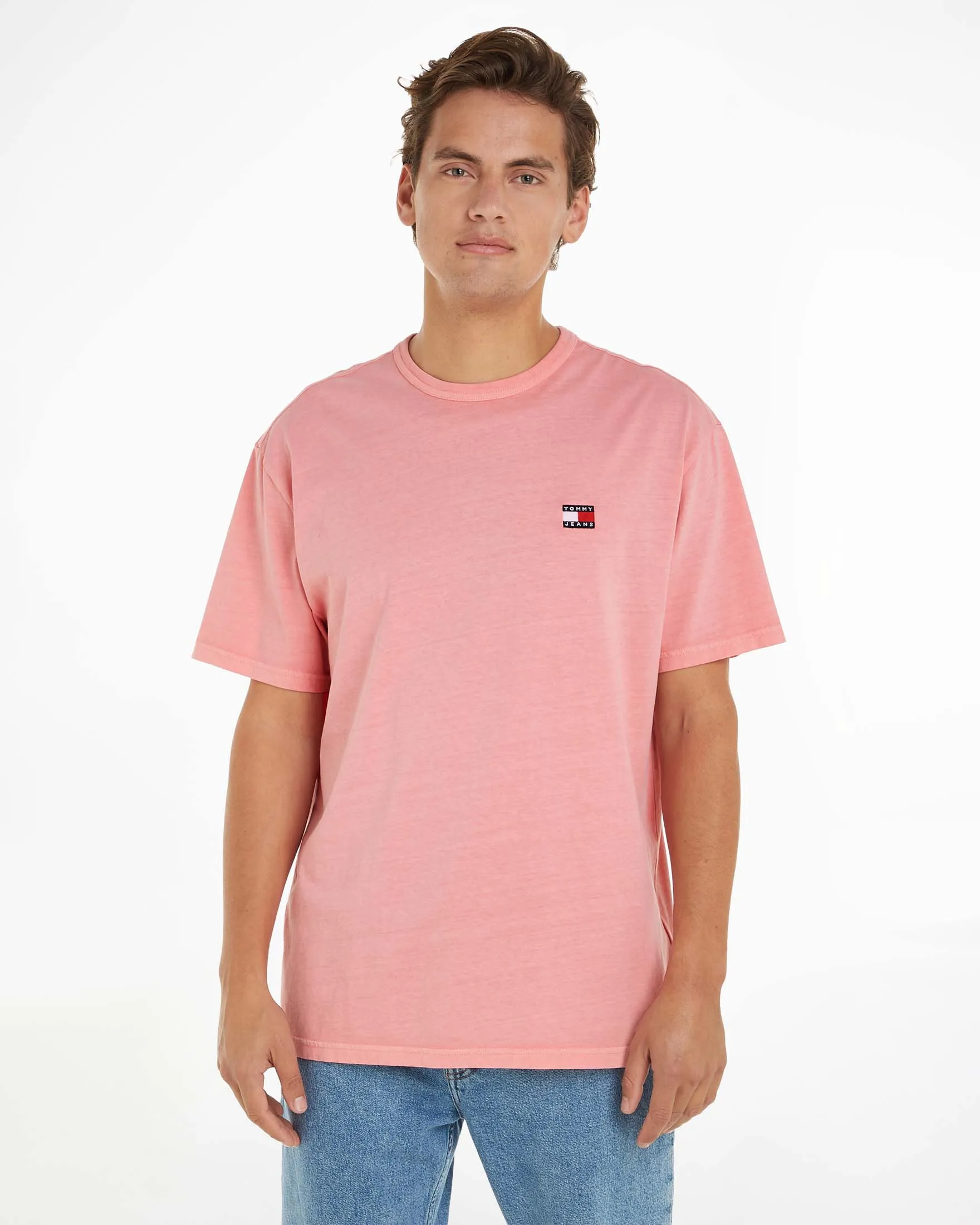 T-shirt salmone mezza manica in cotone stone washed con flag piccolo sul petto