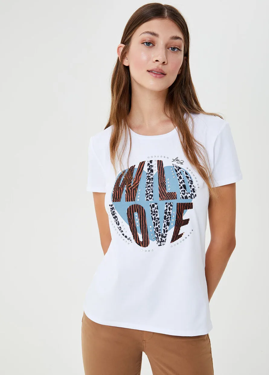 T-shirt with print and rhinestones / White