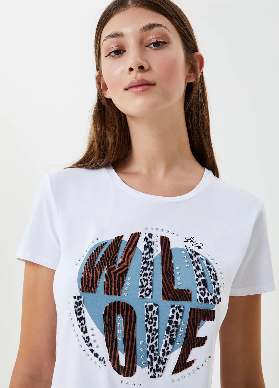 T-shirt with print and rhinestones / White