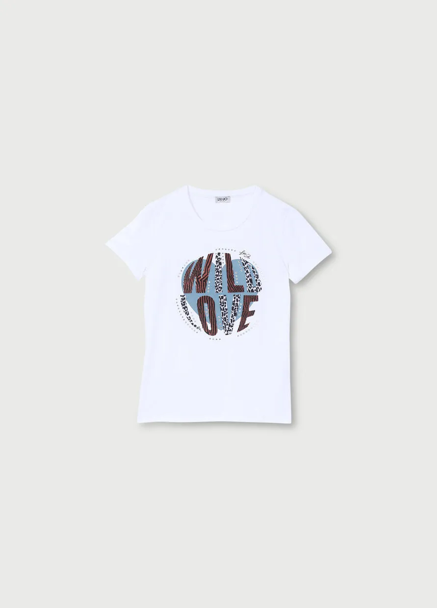 T-shirt with print and rhinestones / White