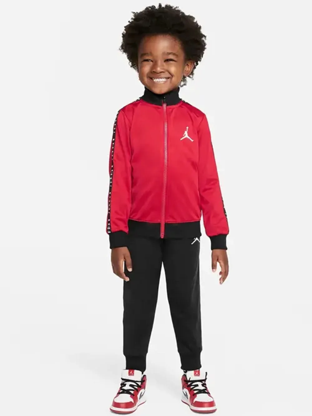 Tuta Jordan da bambino Kid in acetato con tape loggato rossa e nera
