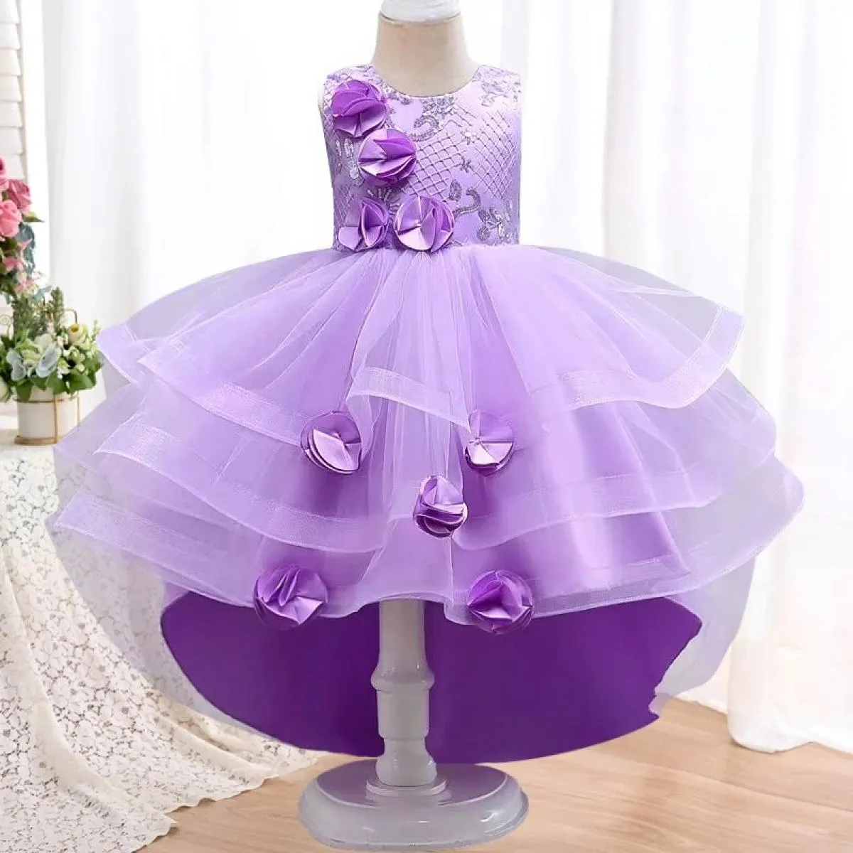 Vendita calda nuove ragazze drag tail mesh petalo abito da principessa cena formale di Natale splendido abito da cocktail party