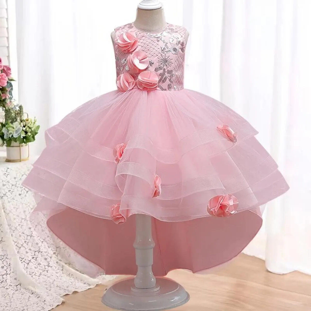 Vendita calda nuove ragazze drag tail mesh petalo abito da principessa cena formale di Natale splendido abito da cocktail party