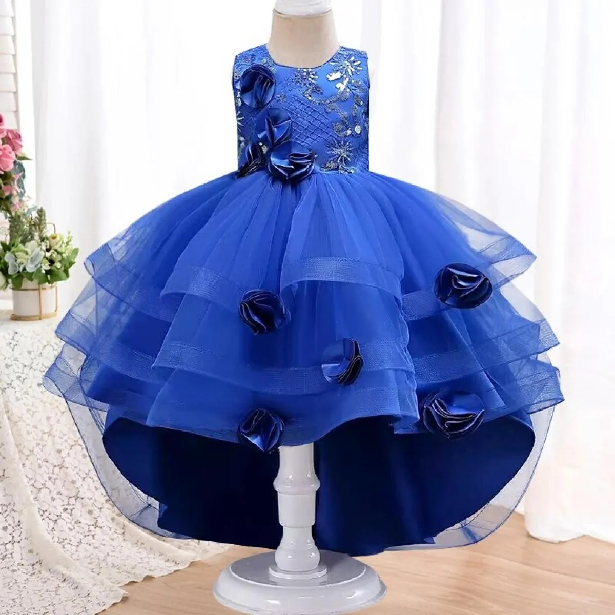 Vendita calda nuove ragazze drag tail mesh petalo abito da principessa cena formale di Natale splendido abito da cocktail party