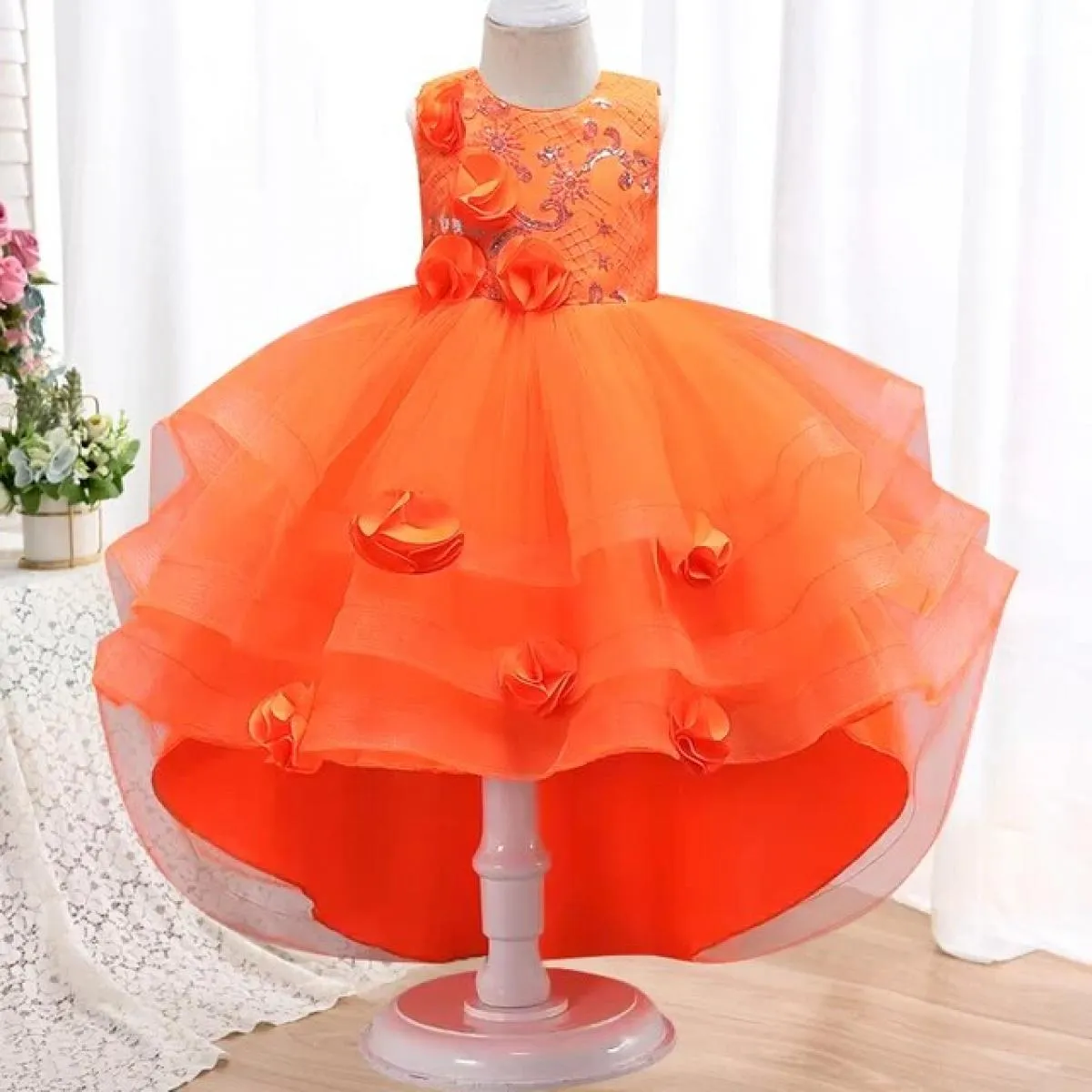 Vendita calda nuove ragazze drag tail mesh petalo abito da principessa cena formale di Natale splendido abito da cocktail party