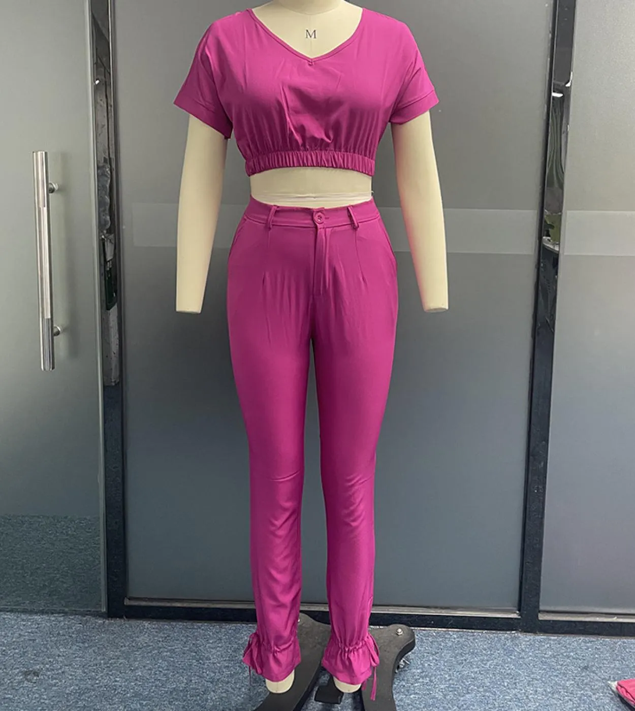 Wefads Set da donna in due pezzi Estate manica corta con scollo a V Solid vita smussata Pantaloni lunghi casual con tasche Set H