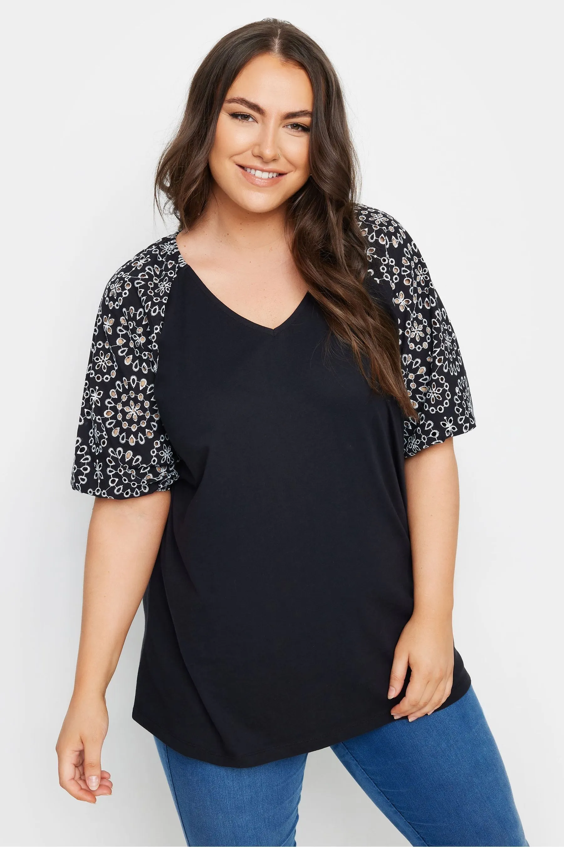Yours Curve Anglaise Sleeve 100% Cotton T-Shirt    