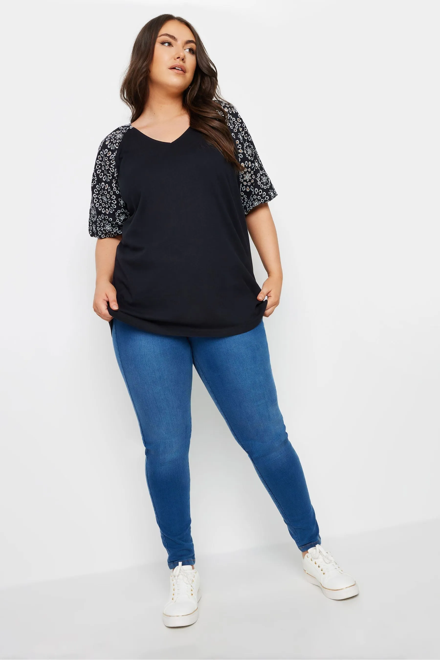 Yours Curve Anglaise Sleeve 100% Cotton T-Shirt    