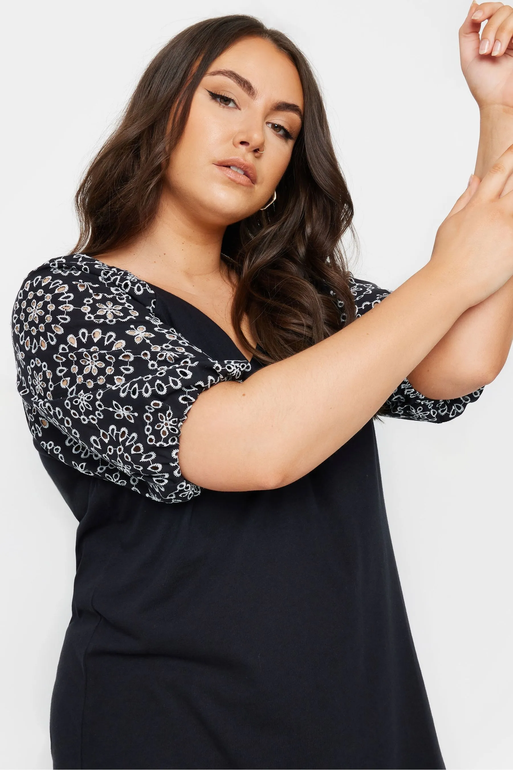 Yours Curve Anglaise Sleeve 100% Cotton T-Shirt    